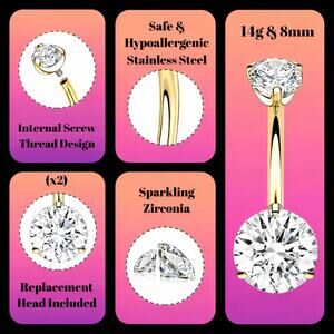 14g Gold-tone Stainless Belly Button Ring Internal Thread CZ w/ Extra Head 8mm